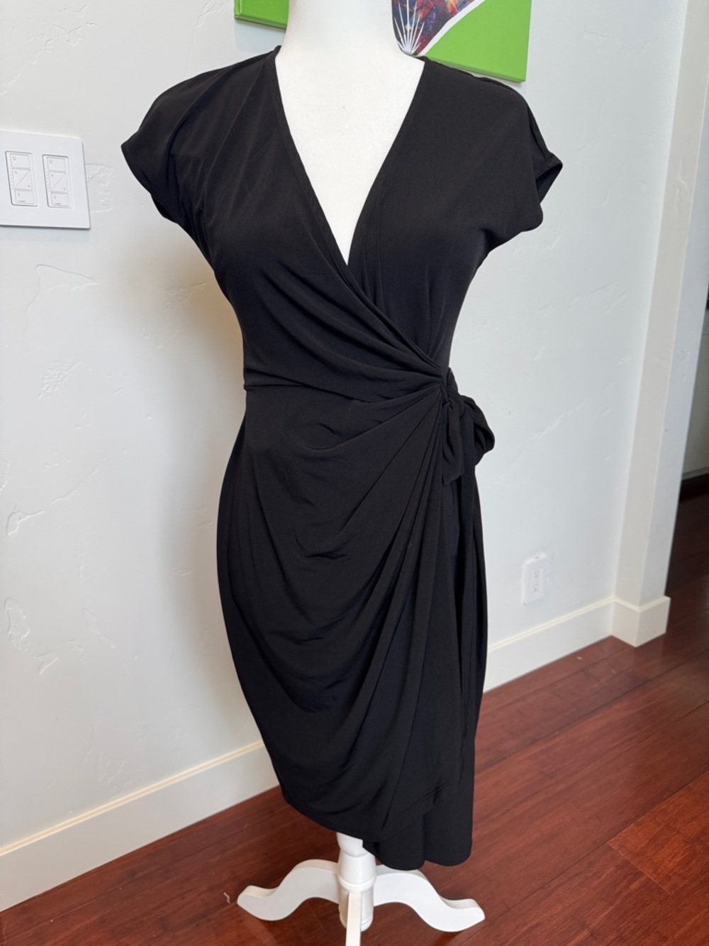 NWOT Maggy London Black Wrap Midi Dress with Side Tie